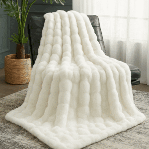 white faux fur bubble throw